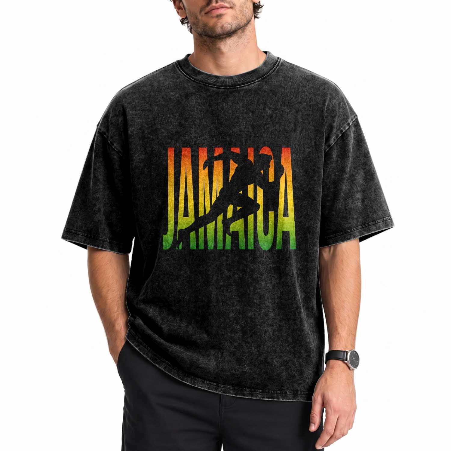 Jamaica Track And Field Washed Cotton T-Shirt Retro Vintage Sport Jamaican Flag
