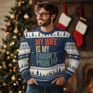 My Wife Is My Favorite Problem Funny Ugly Christmas Sweater Retro 70s Husband Graphic TS10 Navy Beige Print Your Wear
