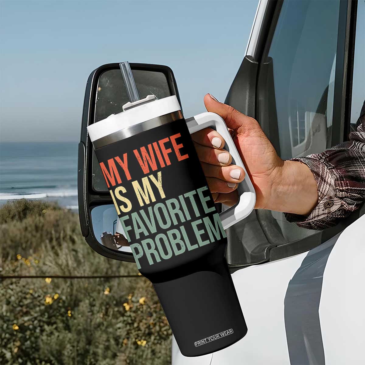 My Wife Is My Favorite Problem Funny Tumbler With Handle Retro 70s Husband Graphic TS10 Print Your Wear