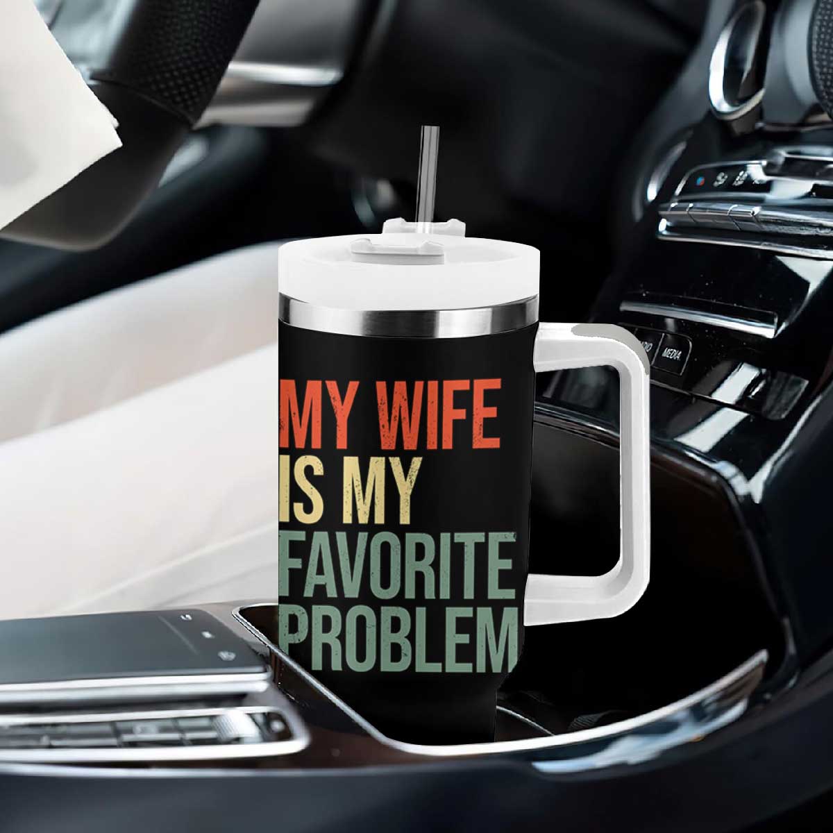 My Wife Is My Favorite Problem Funny Tumbler With Handle Retro 70s Husband Graphic TS10 Print Your Wear