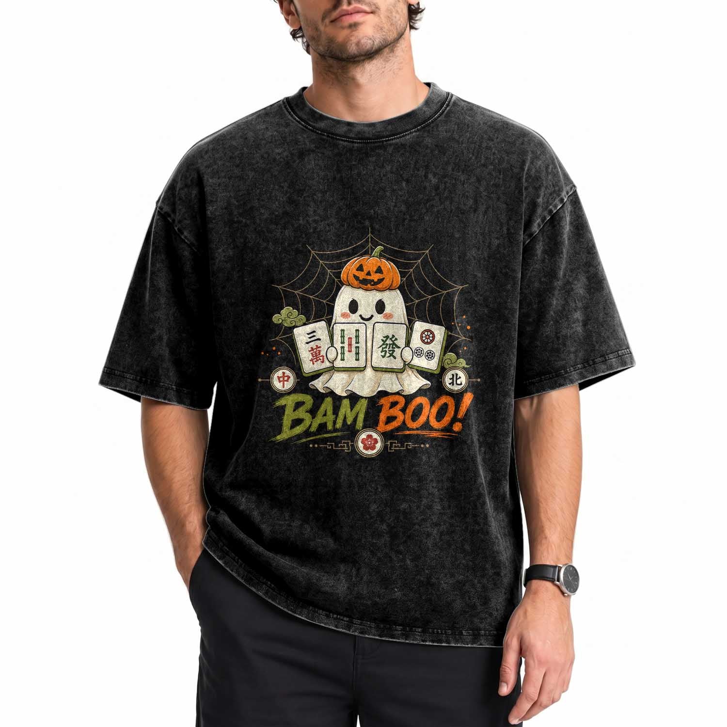Halloween Ghost Playing Mahjong Spooky Boo Funny Costume Washed Cotton T-Shirt Mahjong Lover Gift