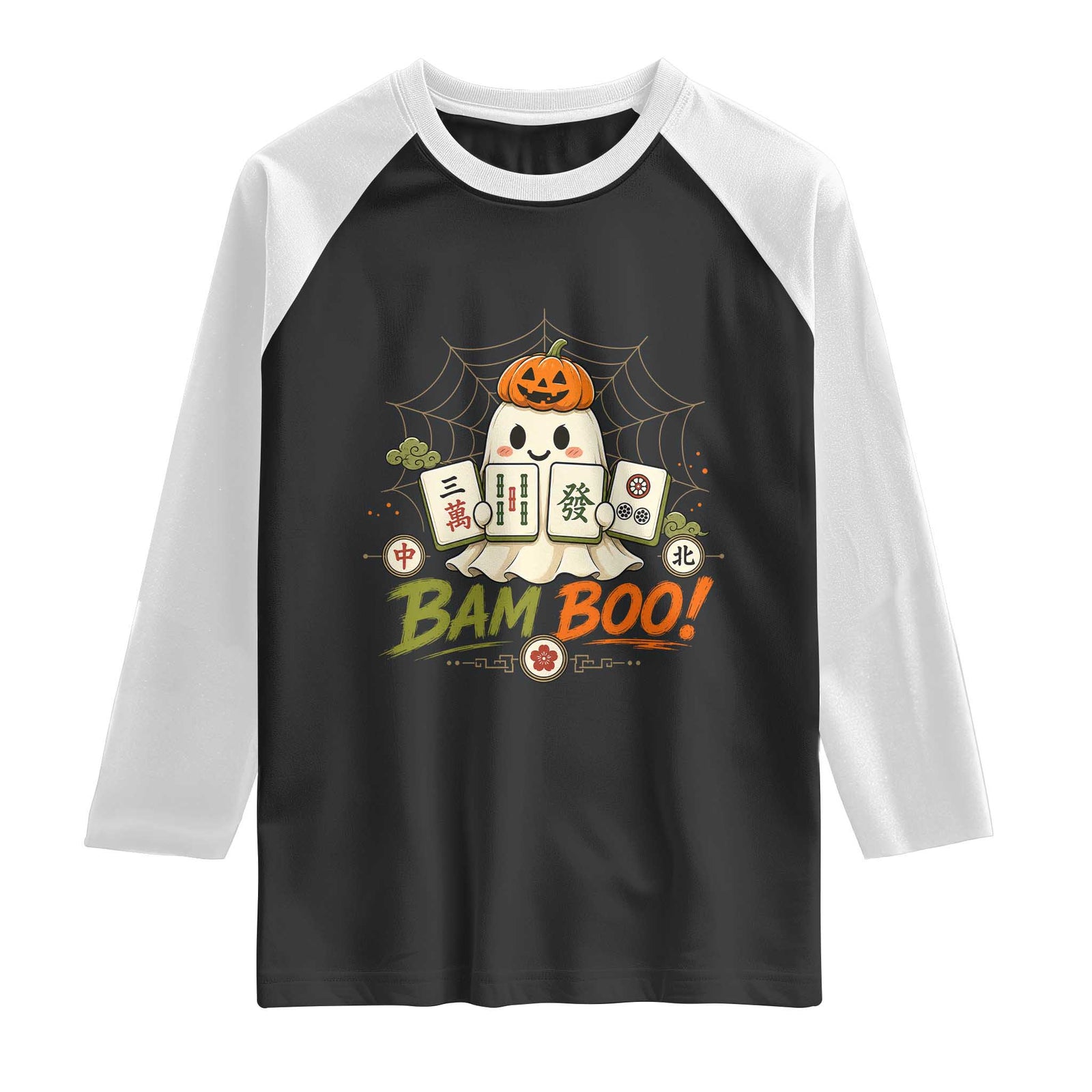 Halloween Ghost Playing Mahjong Spooky Boo Funny Costume Raglan Shirt Mahjong Lover Gift TS10 Black White Print Your Wear