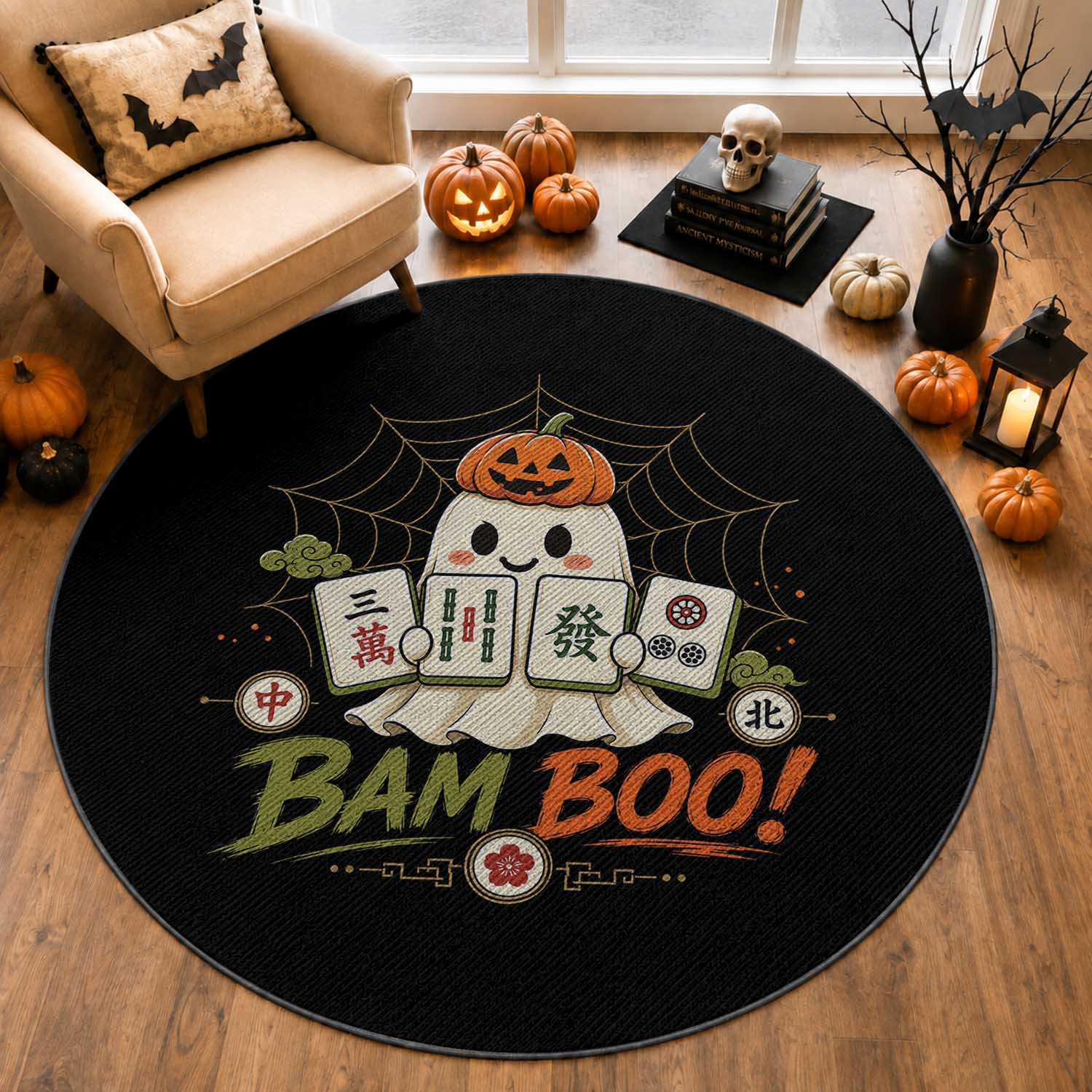 Halloween Ghost Playing Mahjong Spooky Boo Funny Costume Round Rug Mahjong Lover Gift
