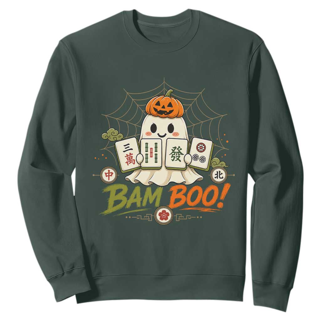 Halloween Ghost Playing Mahjong Spooky Boo Funny Costume Sweatshirt Mahjong Lover Gift TS10 Dark Forest Green Print Your Wear