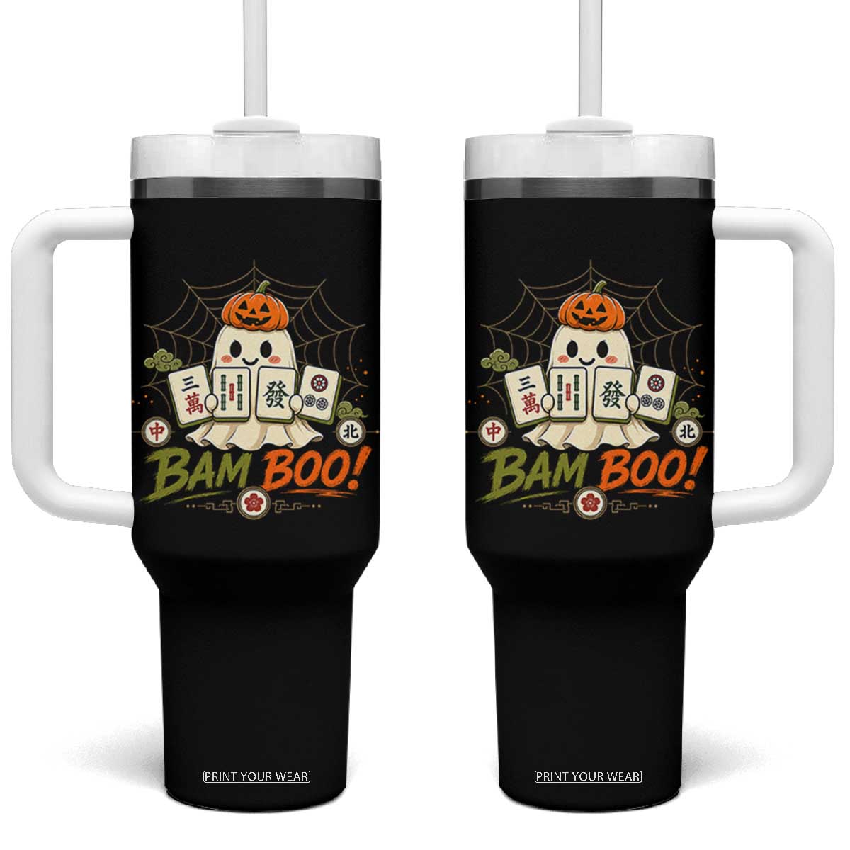 Halloween Ghost Playing Mahjong Spooky Boo Funny Costume Tumbler With Handle Mahjong Lover Gift TS10 One Size: 40 oz Black Print Your Wear