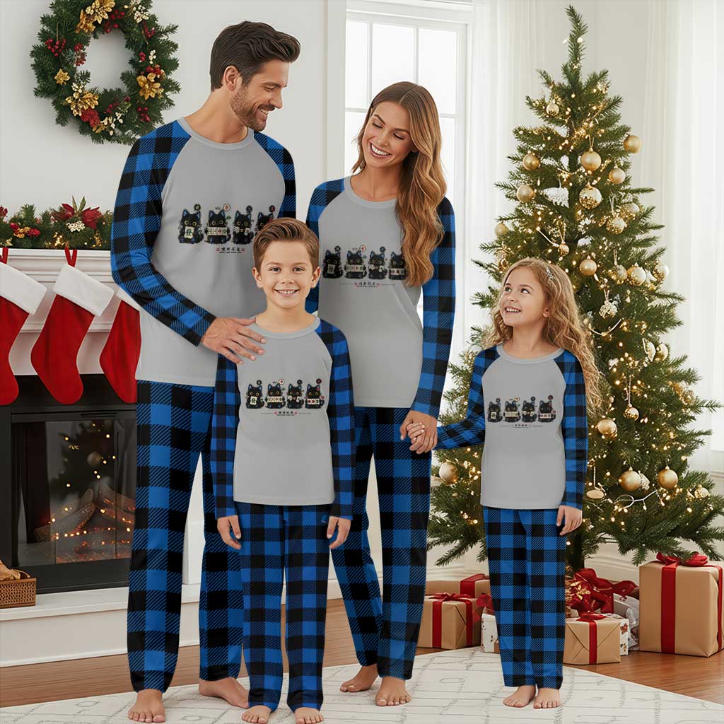 Black Cat Mahjong Lover Cute Graphic Plaid Pajama Set TS10 Blue Plaid Print Your Wear