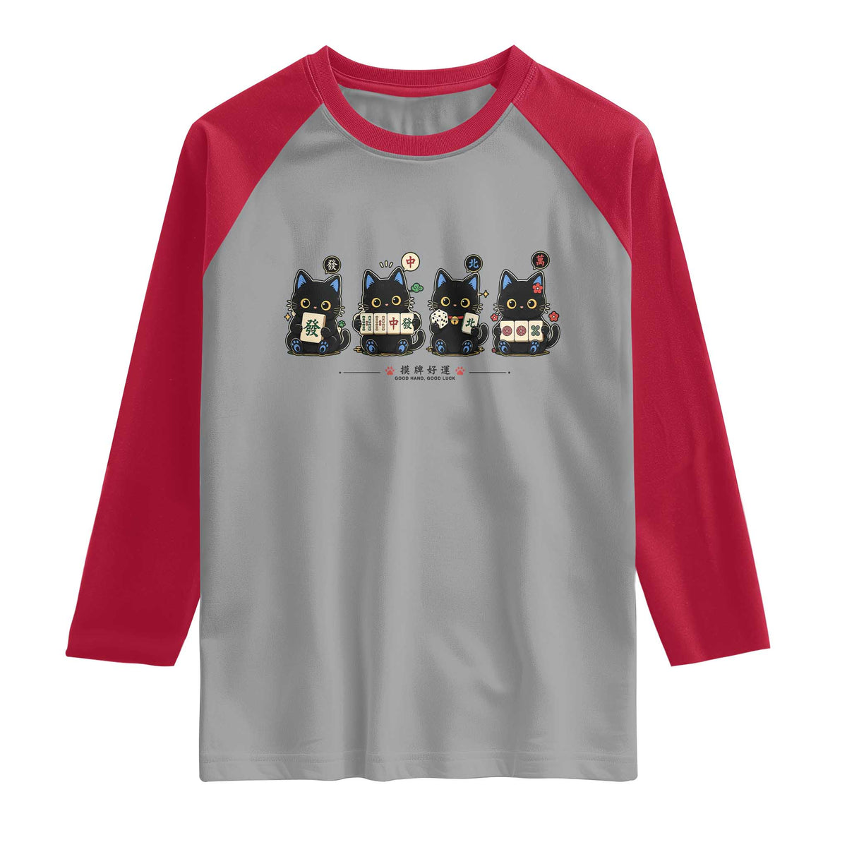 Black Cat Mahjong Lover Cute Graphic Raglan Shirt TS10 Sport Gray Red Print Your Wear