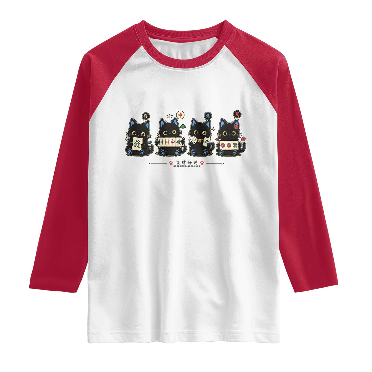 Black Cat Mahjong Lover Cute Graphic Raglan Shirt TS10 White Red Print Your Wear