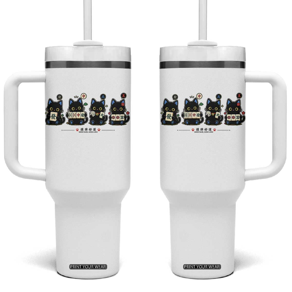 Black Cat Mahjong Lover Cute Graphic Tumbler With Handle TS10 One Size: 40 oz White Print Your Wear