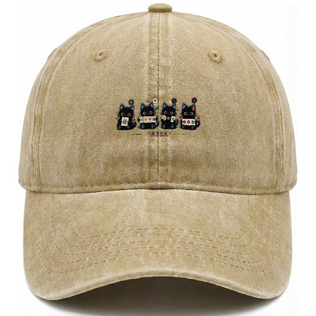 Black Cat Mahjong Lover Cute Graphic Washed Cotton Baseball Cap TS10 Print Your Wear