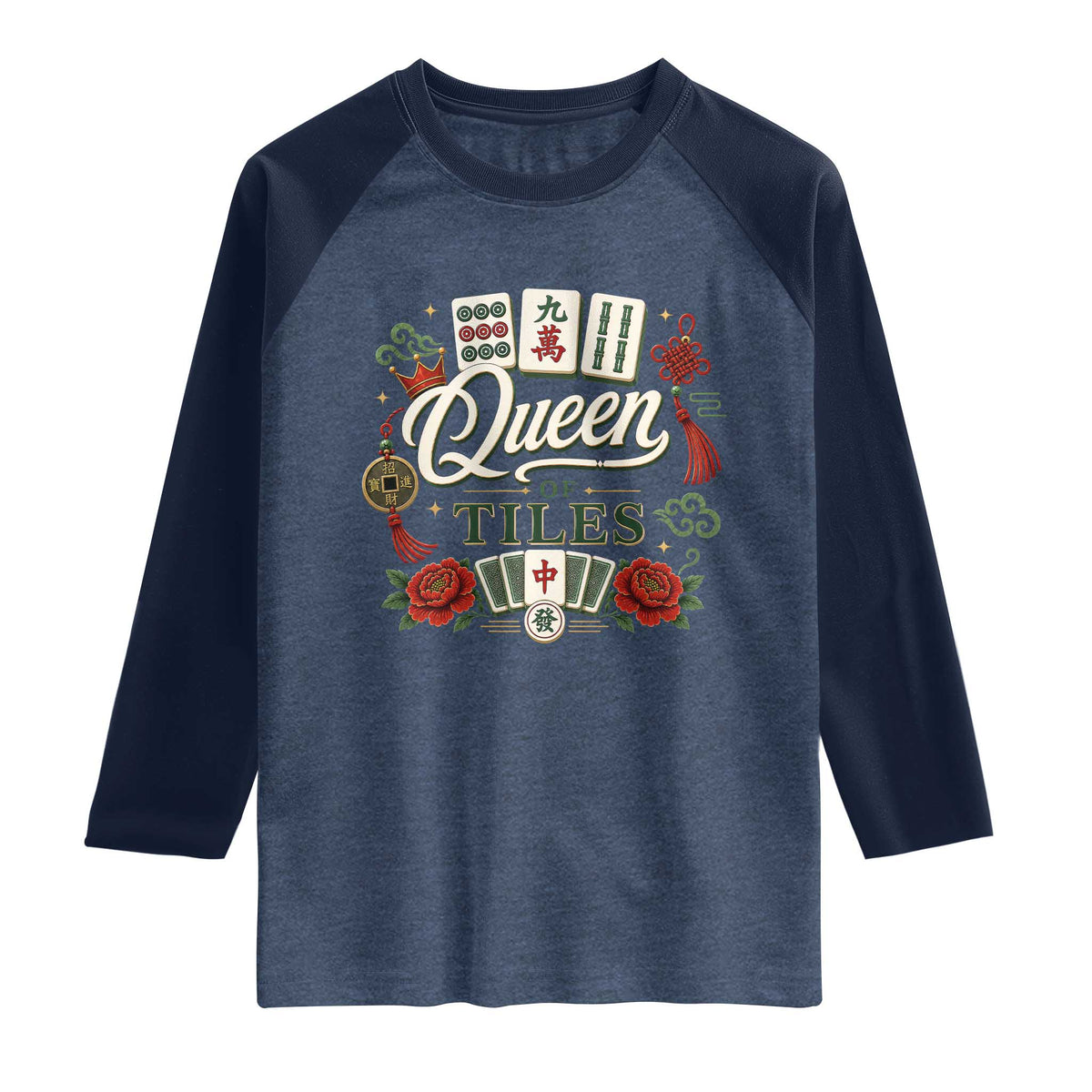 Mahjong Lovers Raglan Shirt Queen Of Tiles Game Night Graphic TS10 Heather Denim Navy Print Your Wear