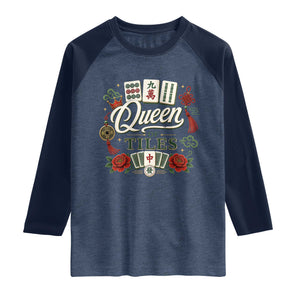 Mahjong Lovers Raglan Shirt Queen Of Tiles Game Night Graphic TS10 Heather Denim Navy Print Your Wear