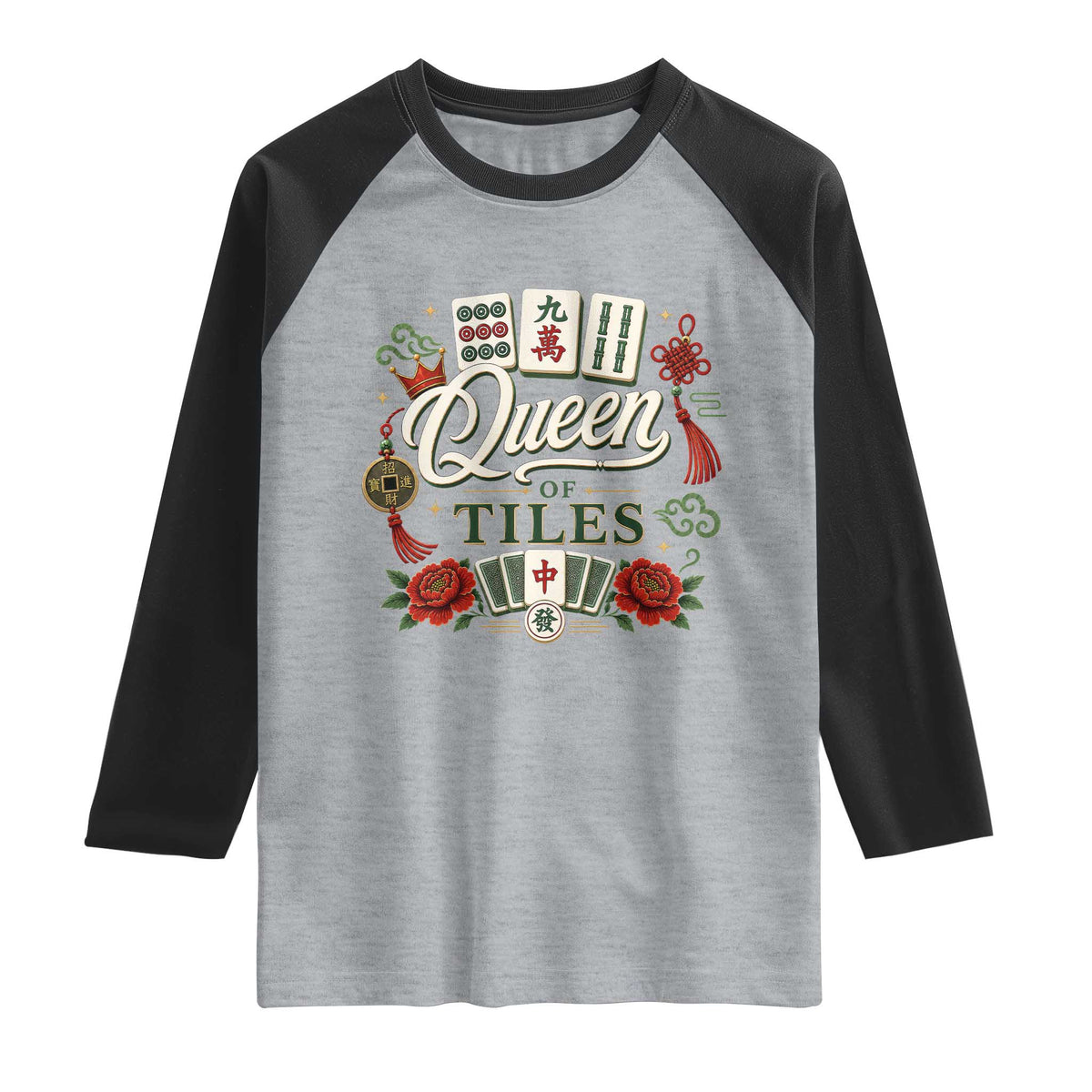 Mahjong Lovers Raglan Shirt Queen Of Tiles Game Night Graphic TS10 Heather Gray Black Print Your Wear