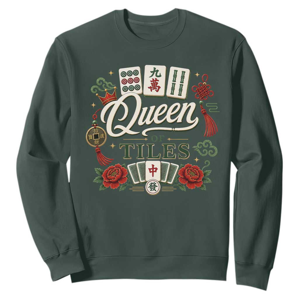 Mahjong Lovers Sweatshirt Queen Of Tiles Game Night Graphic TS10 Dark Forest Green Print Your Wear