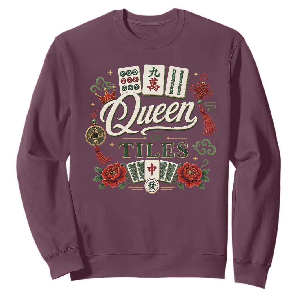 Mahjong Lovers Sweatshirt Queen Of Tiles Game Night Graphic TS10 Maroon Print Your Wear