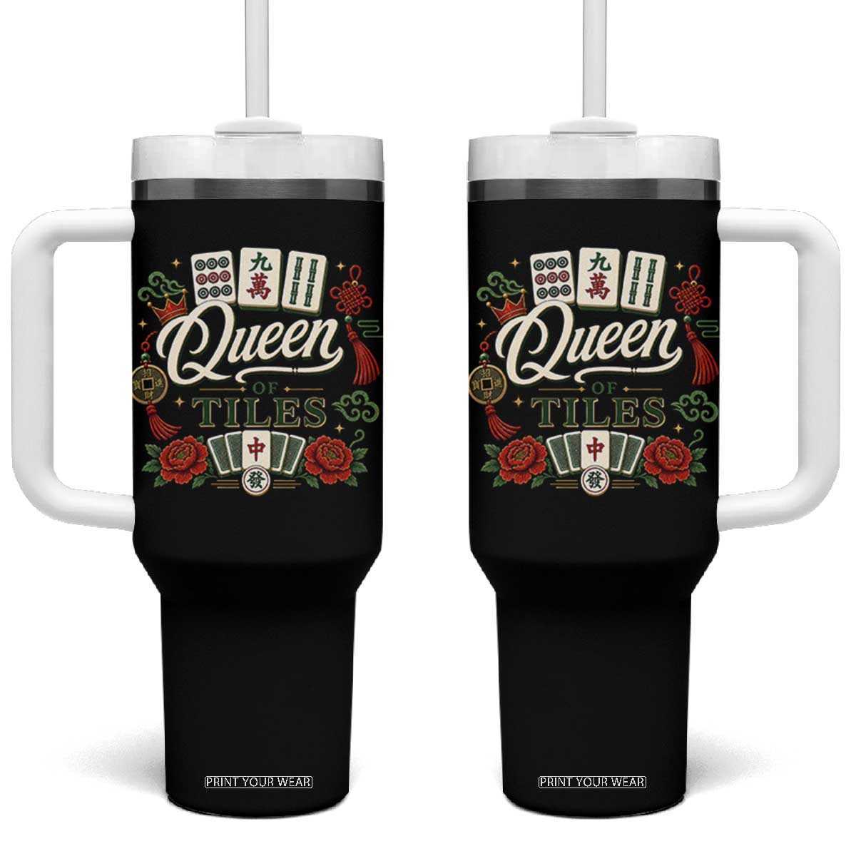 Mahjong Lovers Tumbler With Handle Queen Of Tiles Game Night Graphic TS10 One Size: 40 oz Black Print Your Wear