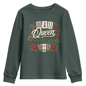 Mahjong Lovers Youth Sweatshirt Queen Of Tiles Game Night Graphic TS10 Dark Forest Green Print Your Wear
