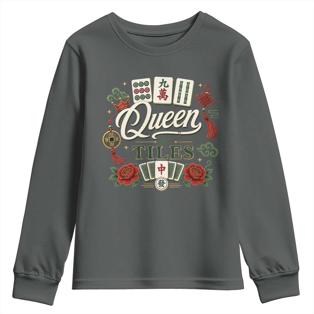 Mahjong Lovers Youth Sweatshirt Queen Of Tiles Game Night Graphic TS10 Dark Heather Print Your Wear