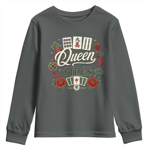 Mahjong Lovers Youth Sweatshirt Queen Of Tiles Game Night Graphic TS10 Dark Heather Print Your Wear