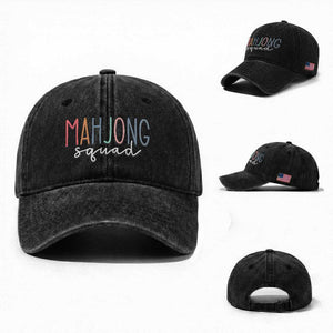 Mahjong Lovers Mahj Squad Washed Cotton Baseball Cap Boho Pastel Cute Game Night Graphic TS10 Washed Cap Universal Fit Black Print Your Wear