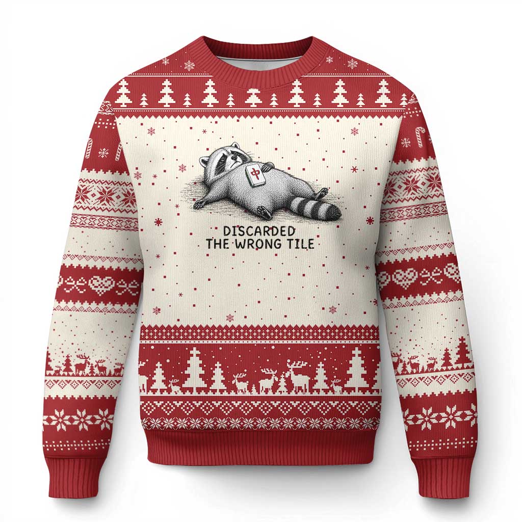 Funny Raccoon Mahjong Lovers Ugly Christmas Sweater Discarded The Wrong Tile TS10 Beige Red Print Your Wear