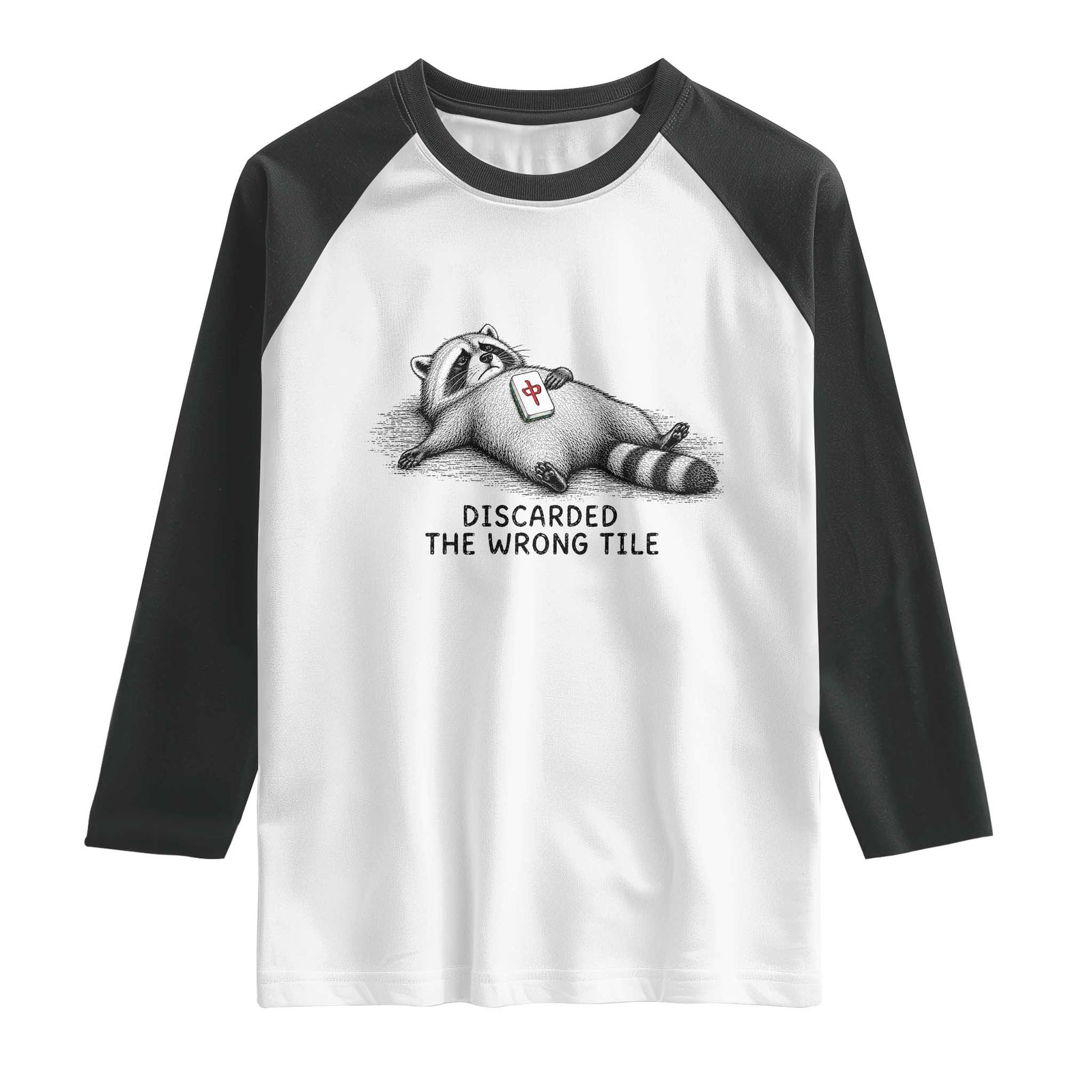 Funny Raccoon Mahjong Lovers Raglan Shirt Discarded The Wrong Tile TS10 White Black Print Your Wear