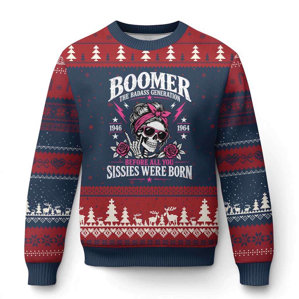 Boomer The Badass Generation Ugly Christmas Sweater Before All You Sissies Were Born Skull Pink Floral Graphic