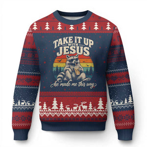 Take It Up with Jesus He Made Me This Way Vintage Raccoon Ugly Christmas Sweater
