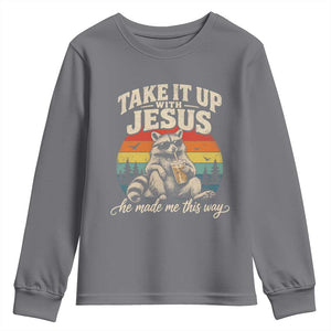 Take It Up with Jesus He Made Me This Way Vintage Raccoon Youth Sweatshirt