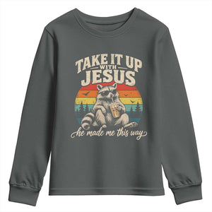 Take It Up with Jesus He Made Me This Way Vintage Raccoon Youth Sweatshirt