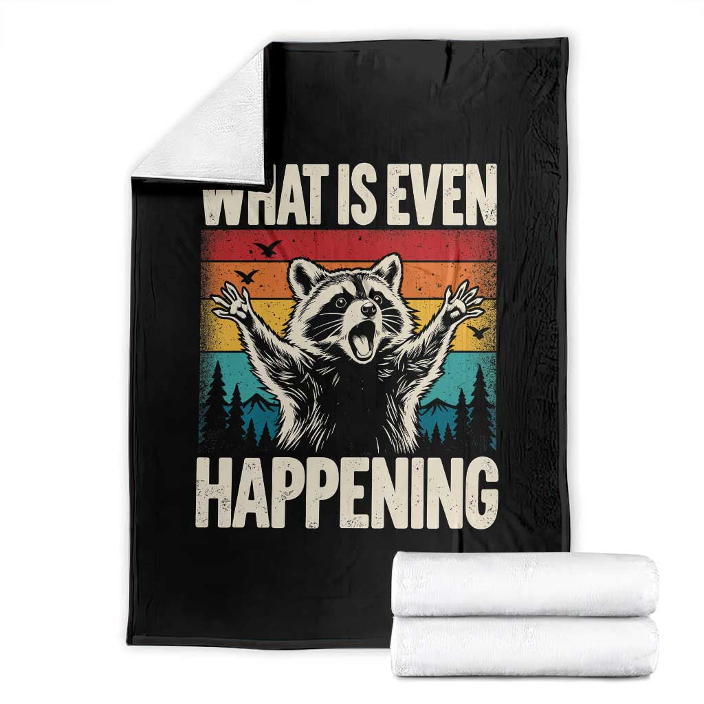 What Is Even Happening Funny Raccoon Meme Throw Blanket Retro Sunset Graphic