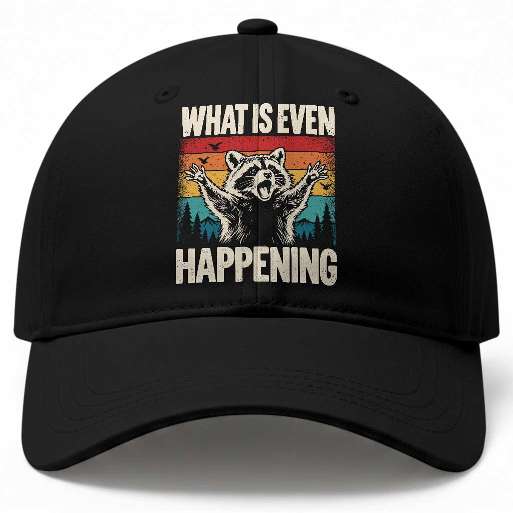 What Is Even Happening Funny Raccoon Meme Baseball Cap Retro Sunset Graphic