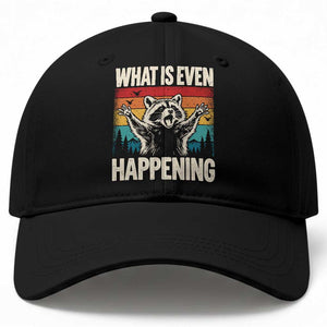 What Is Even Happening Funny Raccoon Meme Baseball Cap Retro Sunset Graphic