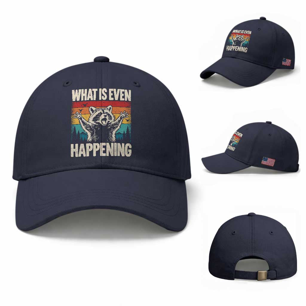 What Is Even Happening Funny Raccoon Meme Baseball Cap Retro Sunset Graphic