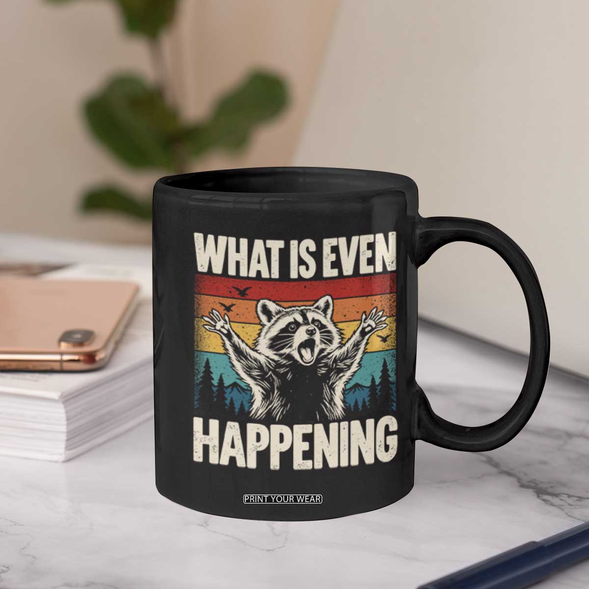 What Is Even Happening Funny Raccoon Meme Coffee Mug Retro Sunset Graphic