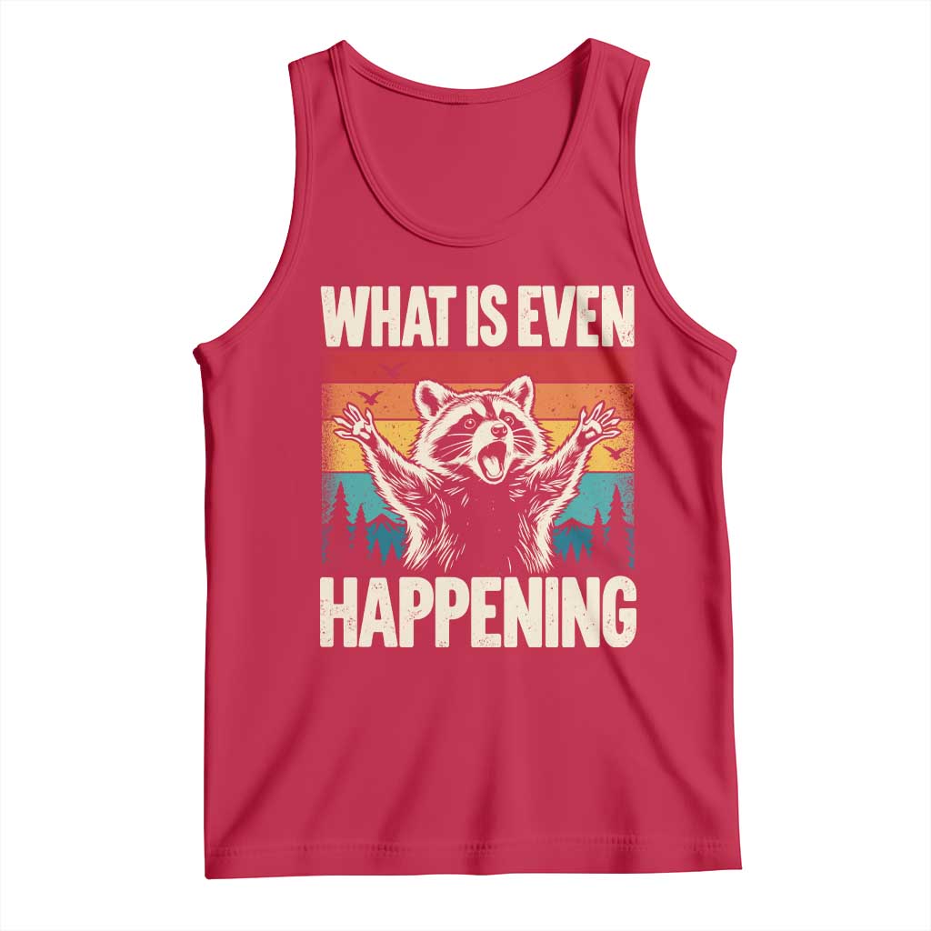 What Is Even Happening Funny Raccoon Meme Tank Top Retro Sunset Graphic