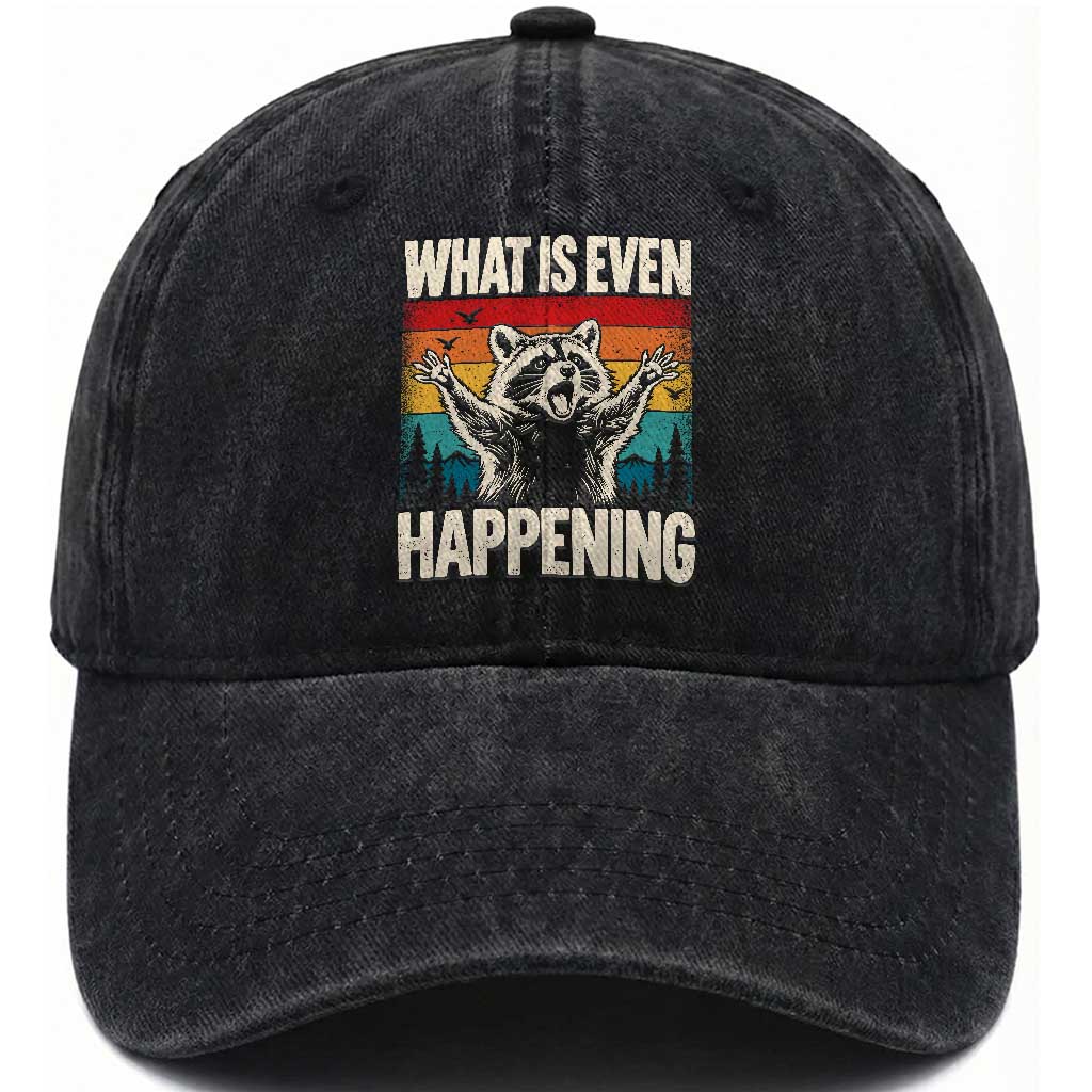 What Is Even Happening Funny Raccoon Meme Washed Cotton Baseball Cap Retro Sunset Graphic