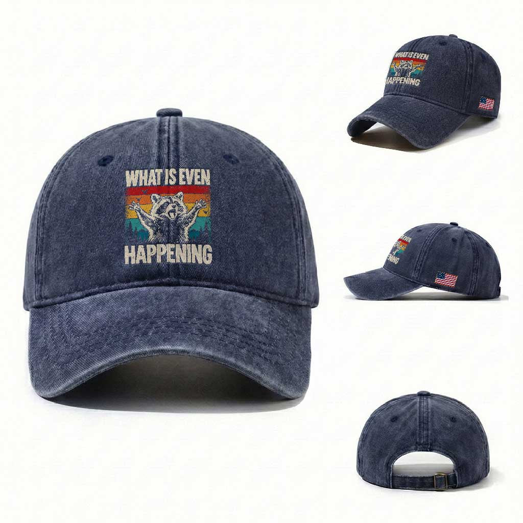 What Is Even Happening Funny Raccoon Meme Washed Cotton Baseball Cap Retro Sunset Graphic