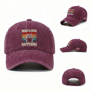 What Is Even Happening Funny Raccoon Meme Washed Cotton Baseball Cap Retro Sunset Graphic