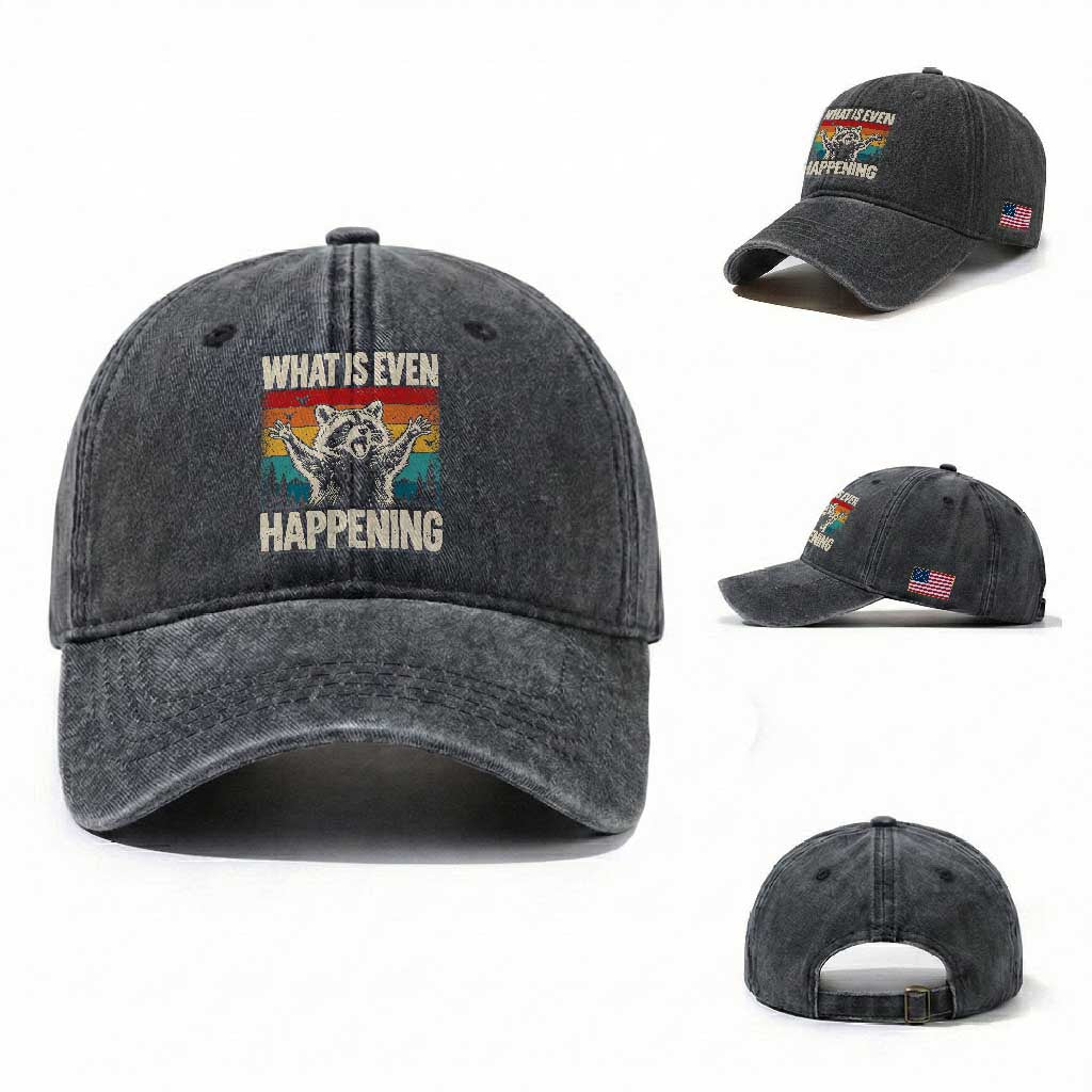 What Is Even Happening Funny Raccoon Meme Washed Cotton Baseball Cap Retro Sunset Graphic