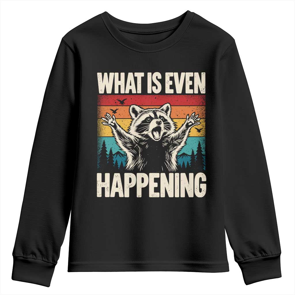 What Is Even Happening Funny Raccoon Meme Youth Sweatshirt Retro Sunset Graphic
