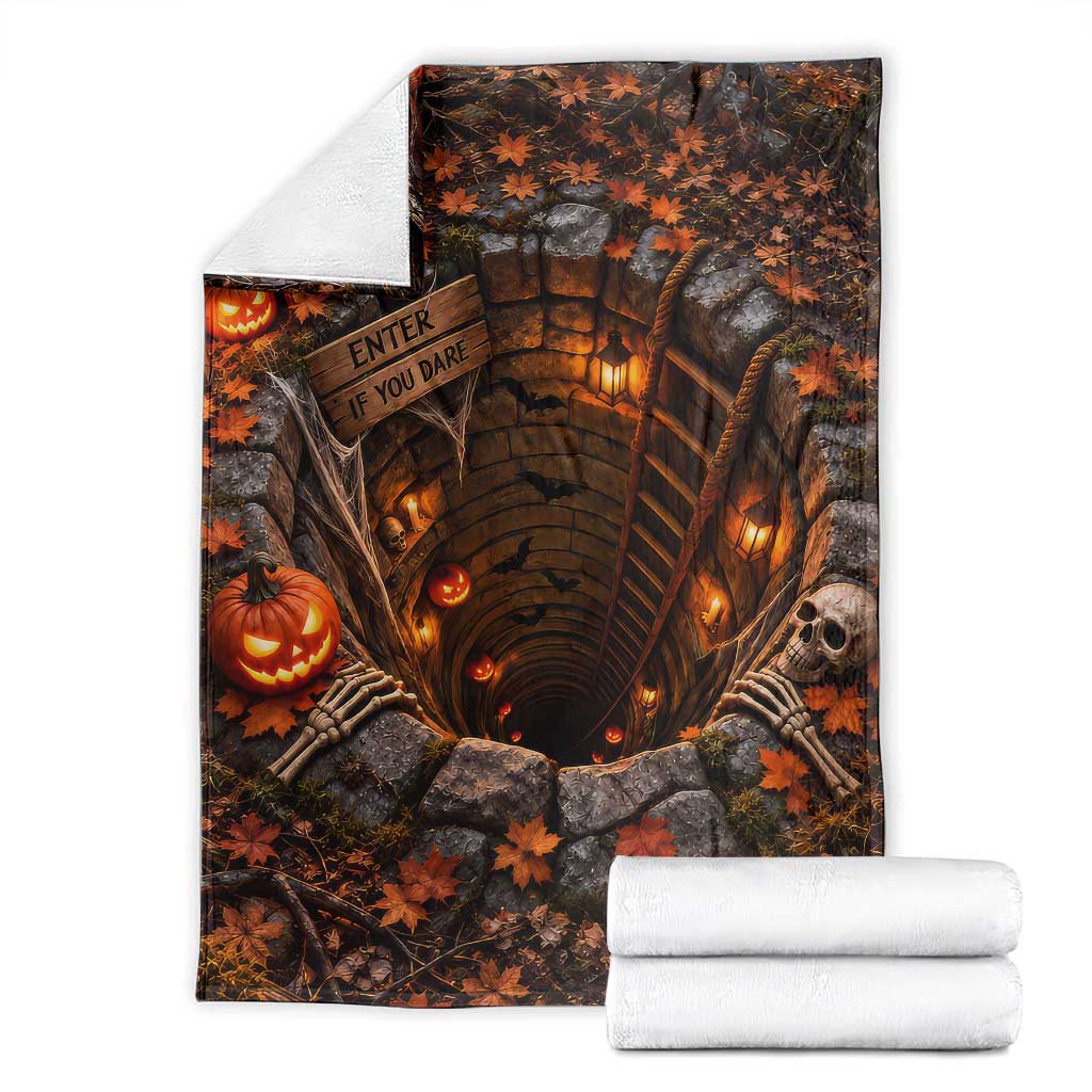 Enter If You Dare Skeleton Pumpkin 3D Halloween Optical Illusion Throw Blanket Spooky Depth Design Autumn Aesthetic