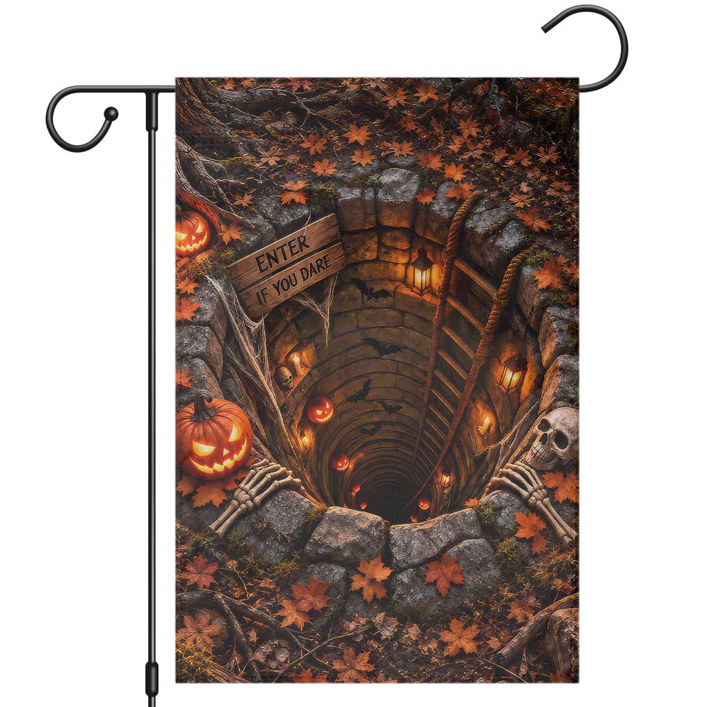 Enter If You Dare Skeleton Pumpkin 3D Halloween Optical Illusion Garden Flag Spooky Depth Design Autumn Aesthetic