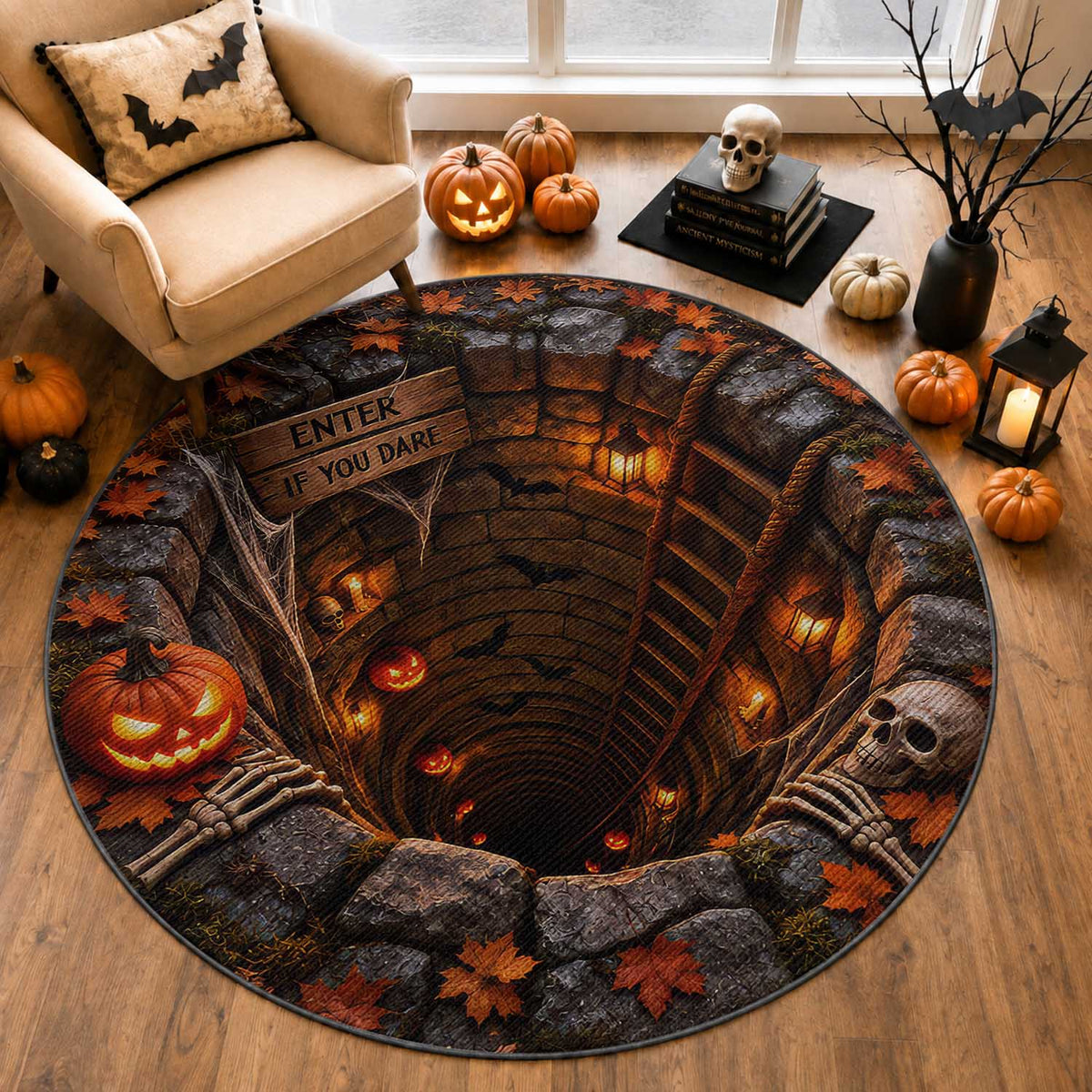 Enter If You Dare Skeleton Pumpkin 3D Halloween Optical Illusion Round Rug Spooky Depth Design Autumn Aesthetic