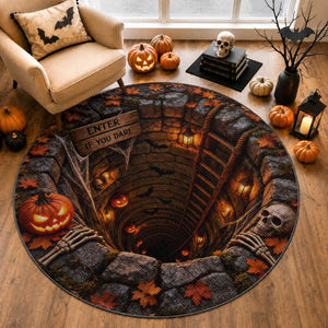 Enter If You Dare Skeleton Pumpkin 3D Halloween Optical Illusion Round Rug Spooky Depth Design Autumn Aesthetic