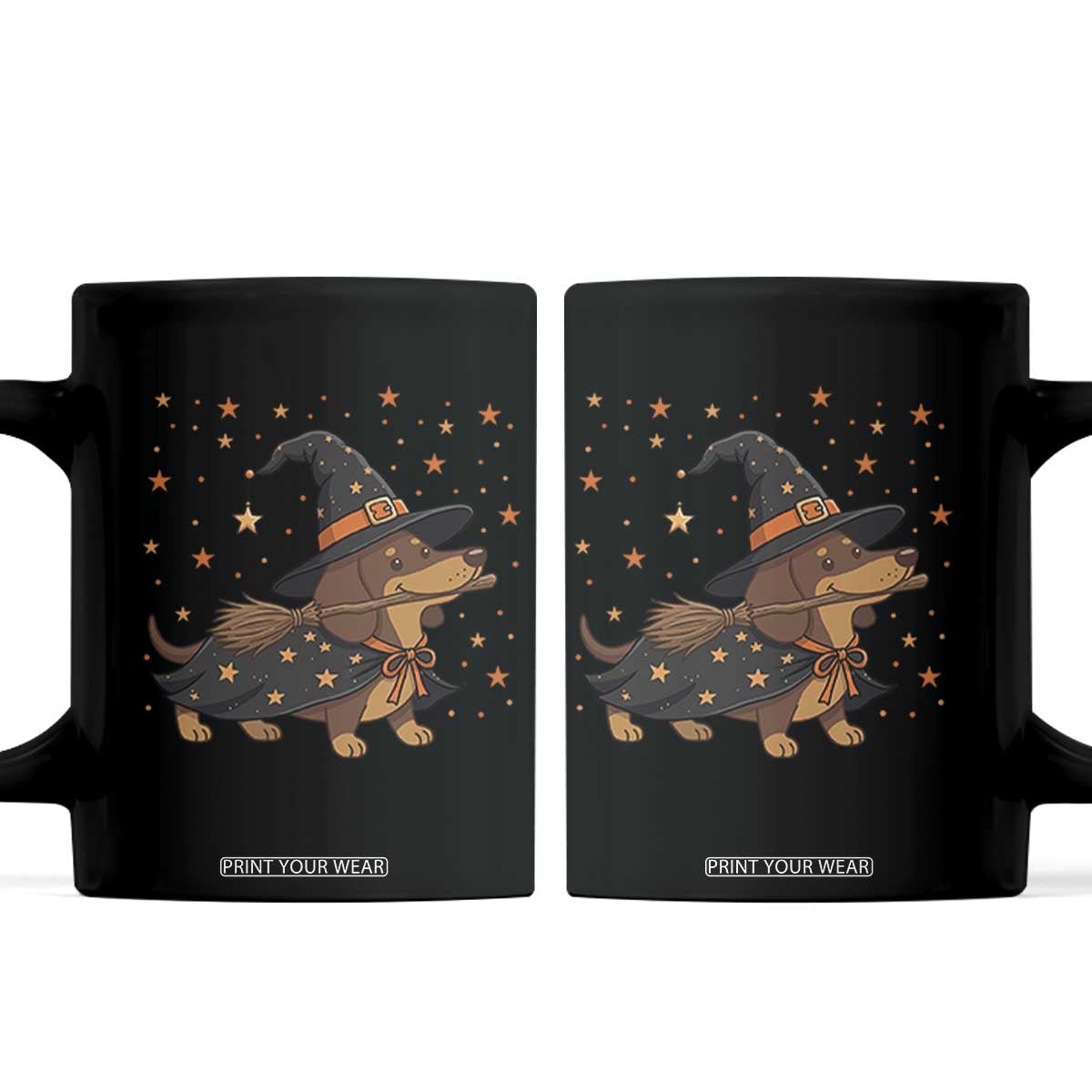 Halloween Dachshund Costumes Coffee Mug Witch Hat Broom Stick Spooky Wiener Dog Graphic