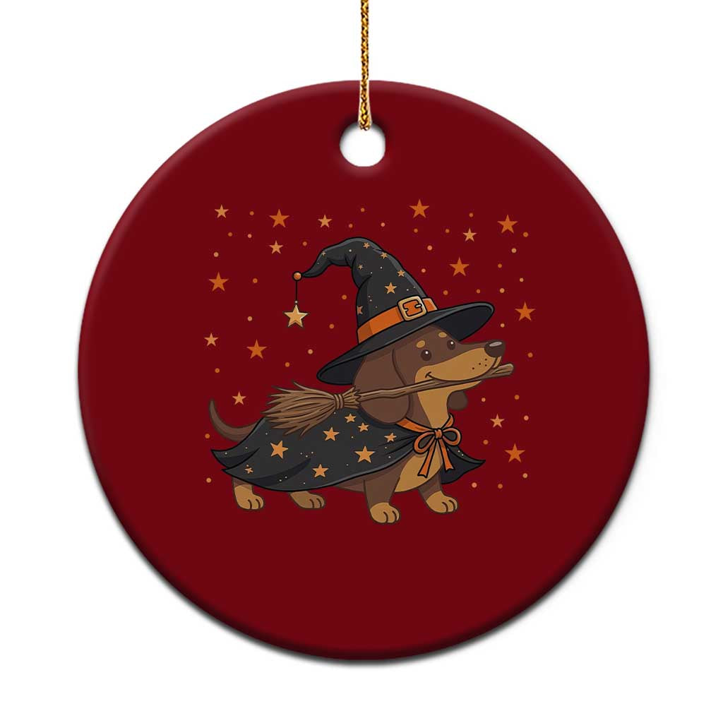 Halloween Dachshund Costumes Ceramic Ornament Witch Hat Broom Stick Spooky Wiener Dog Graphic