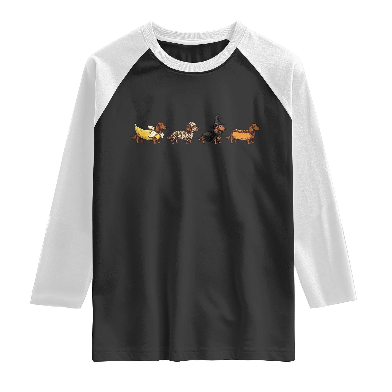 Halloween Dachshund Raglan Shirt Spooky Wiener Dog Costumes Banana Mummy Witch Hotdog