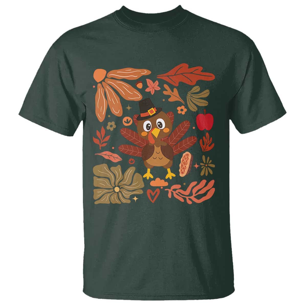 Thanksgiving Turkey T Shirt Retro Boho Floral Fall TS10 Dark Forest Green Print Your Wear