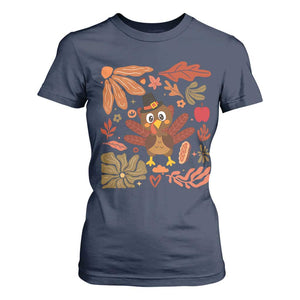 Thanksgiving Turkey T Shirt For Women Retro Boho Floral Fall TS10 Navy Print Your Wear